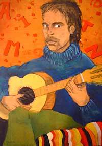 Retrat de Flix Cucurull amb guitarra. Pintura sobre fusta 68 x 98 cm.